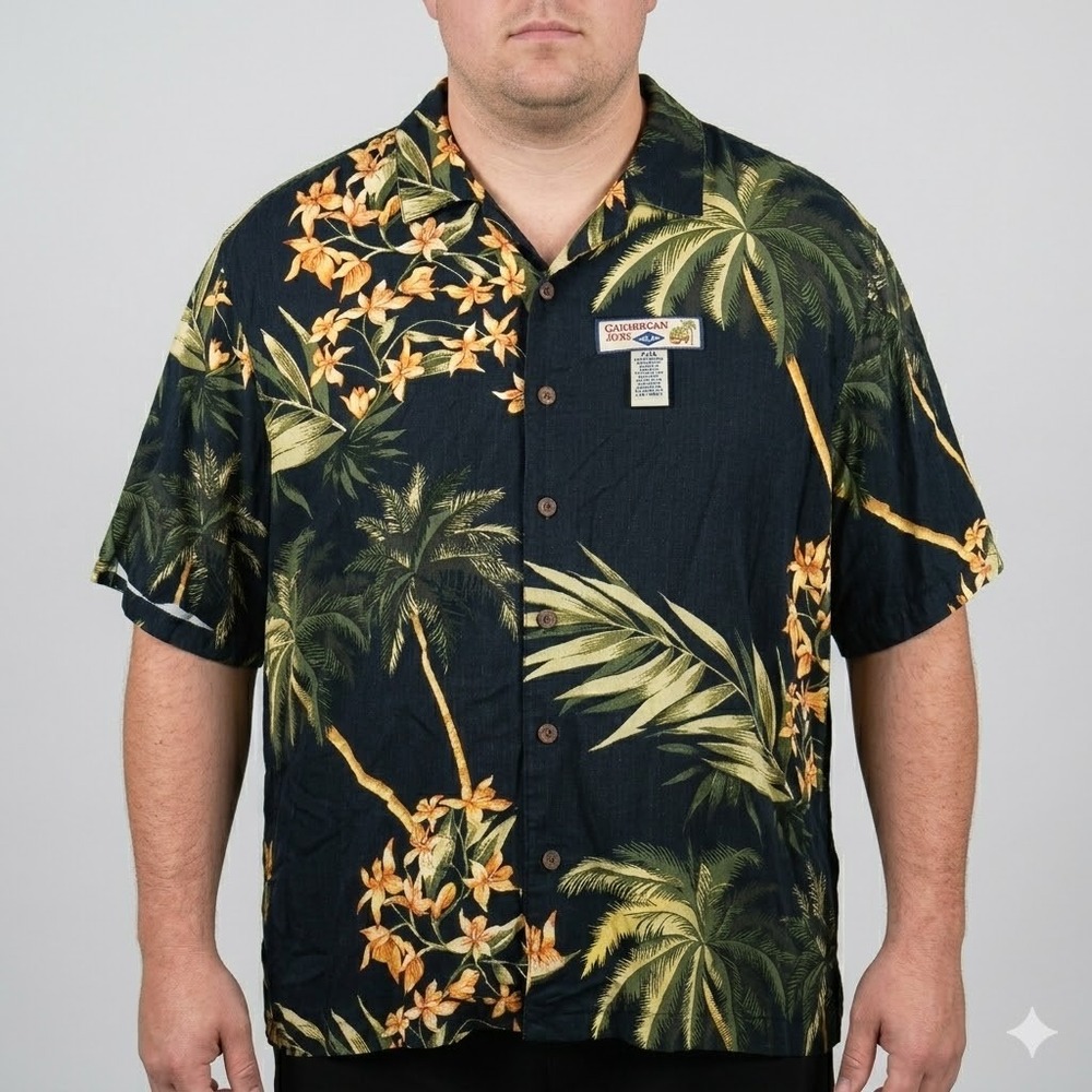 CARIBBEAN JOE Hawaiian Shirt Navy Floral Palm Leaf‎ Size XXL